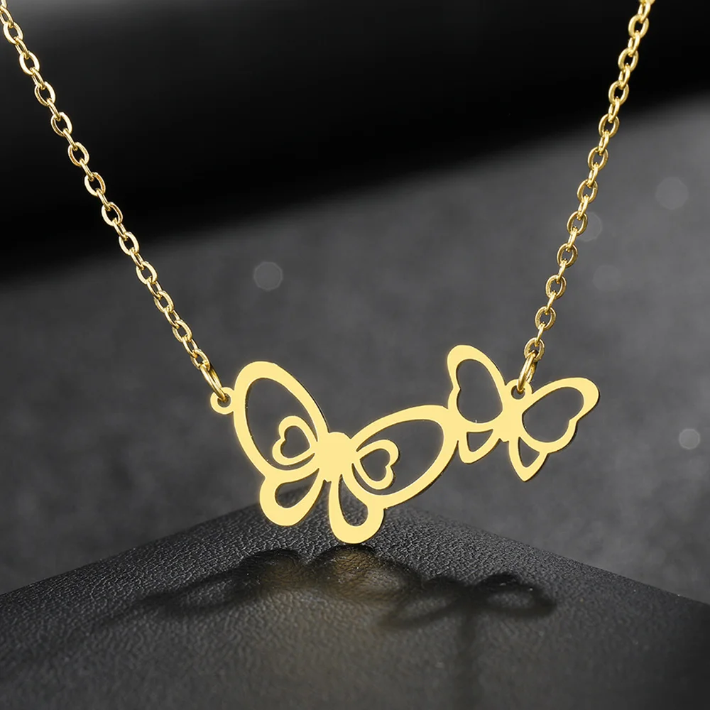 

Ожерелье из нержавеющей стали для женщин, винтажное ажурное колье с двумя бабочками, цепочка-чокер, бижутерия для девушек, Вечерний Подарок