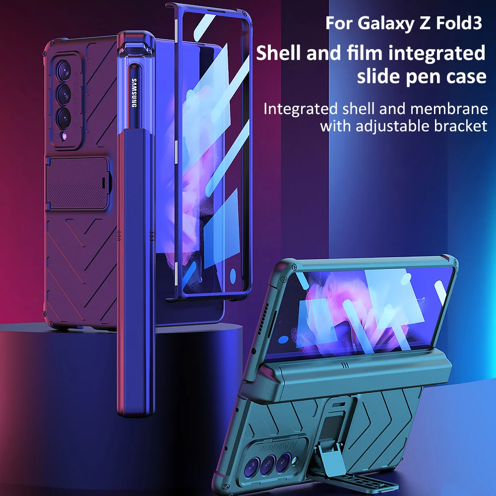 (No Pen)PC Magnetic Hinge Case For Samsung Galaxy Z Fold 3 5G Phone Case Tempered Film pen holder matching stand funda for fold3