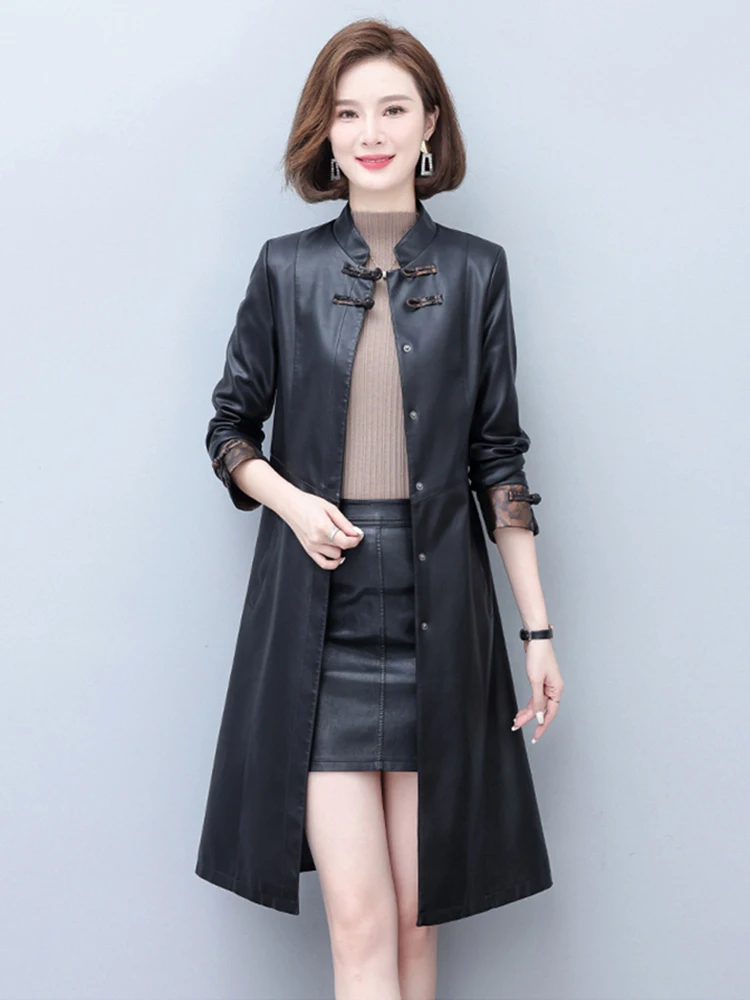 New Women Sheepskin Trench Coat Spring Autumn Fashion Stand Collar Slim Leather Outerwear Long Split Leather Tops Coat Winter