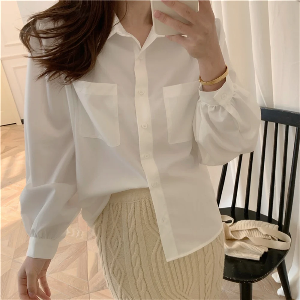 

Formal White Slim Shirts Loose Korea Women Spring 2023 Full Sleeve Casual Work Wear Normcore New Solid Chic Office Lady Mujer