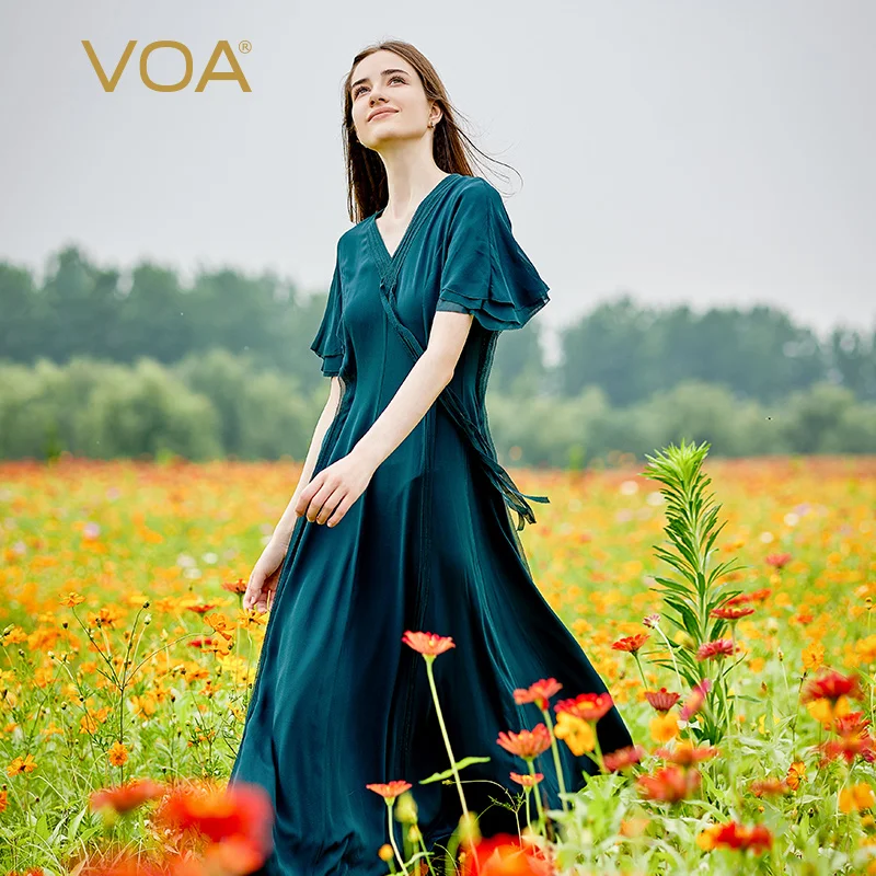 

VOA Silk Georgette Three Layer Design Hole Green V-Neck Paired Silk Craft Ruffle Sleeve Ribbon Decoration Elegant Dress AE2206