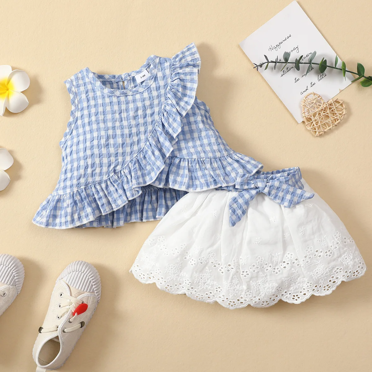 

New Born Baby Girl Clothes Set Summer Sleeveless Plaid Ruffle Cropped Top +bow Short Skirt Infant Outfit Fashion Suit