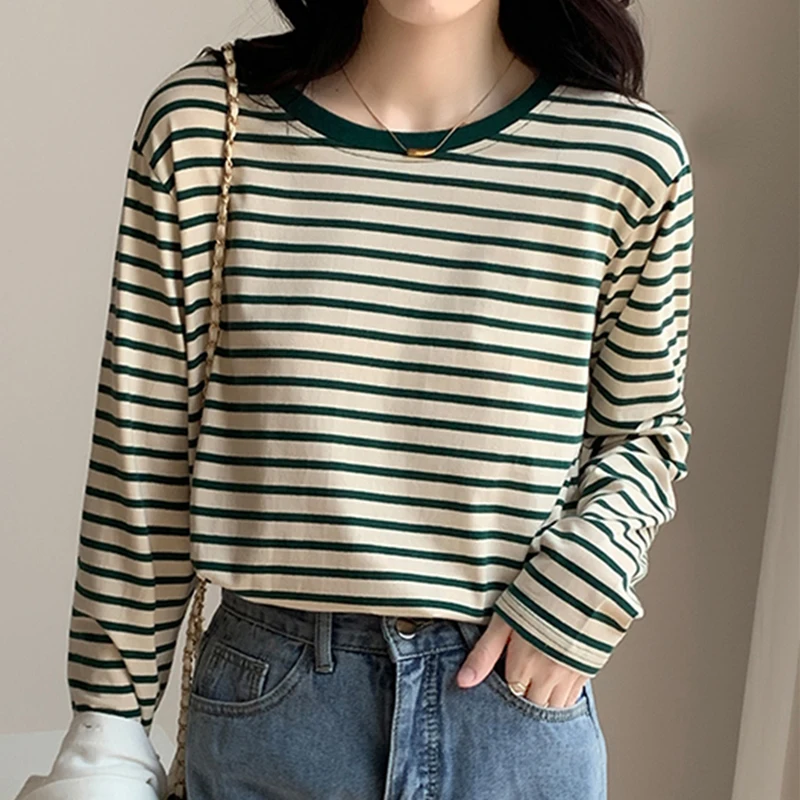 

Striped Vintage Long Sleeve Women T Shirts O Neck Loose Thin Tops Female All-Match Basic Spring New Fashion T-Shirt Tees Femme