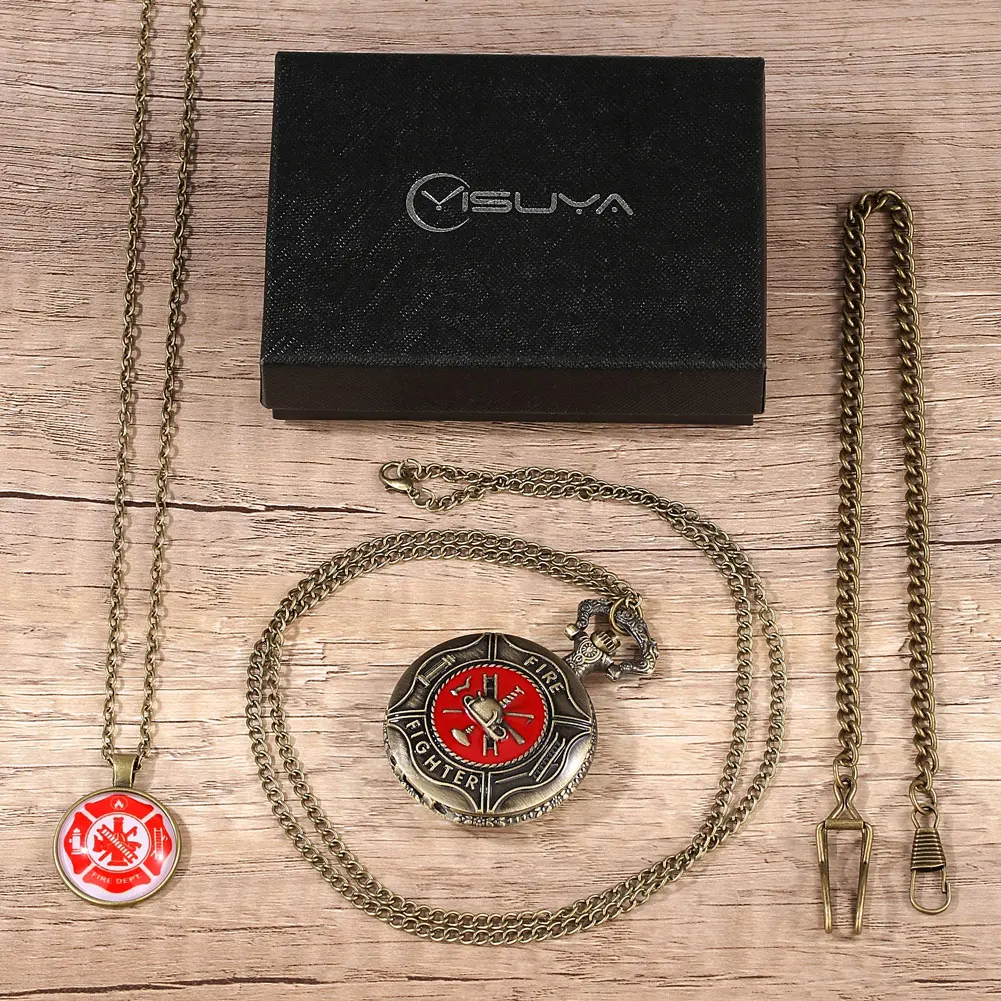 Antique Pocket Watch Necklace Set Men Classic Red Fire Fighter Quartz FOB Watches Pendant Chain Clock Gift Relogio De Bolso