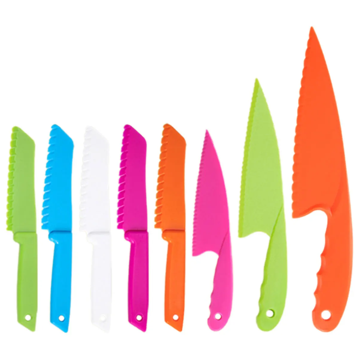 

Kid Safe Cooking Knife Set 8Pcs Plastic Children Knives Kit Safe Multifunctional Toddler Safe Knife Kit with Ergonomic Handle