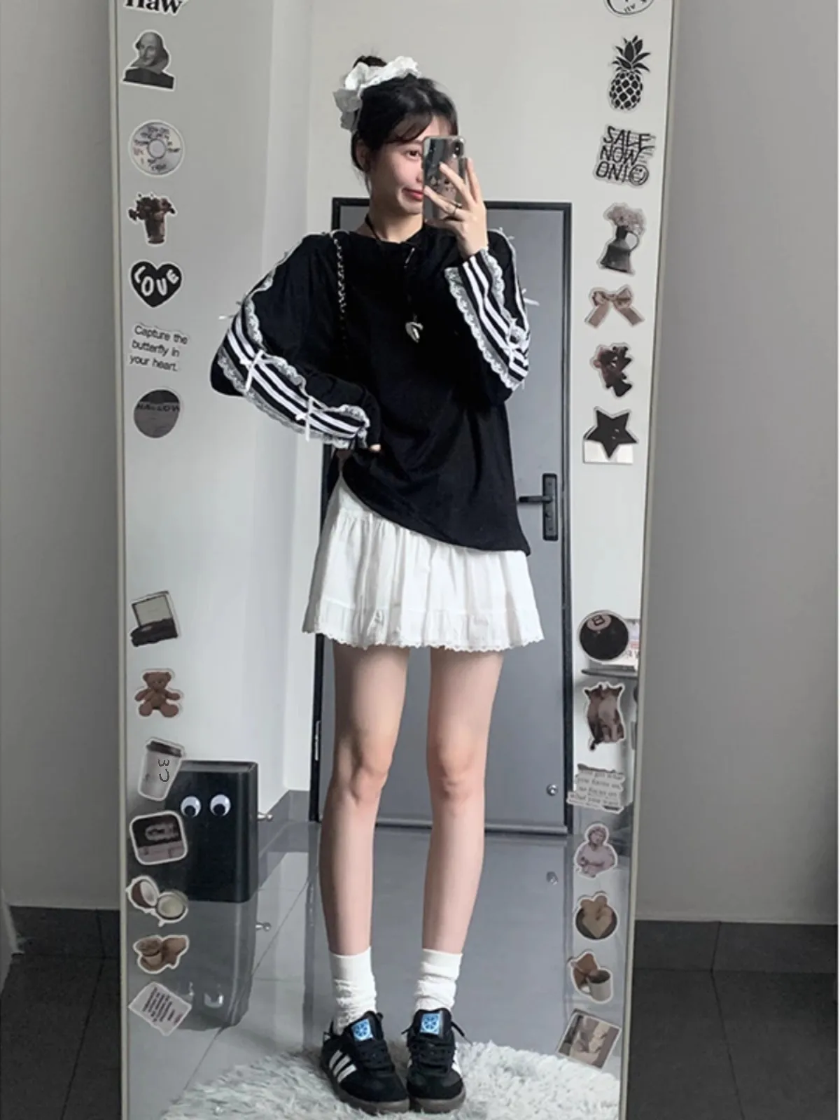 Корейская серия кружевная полосатая рубашка с бантом и длинными рукавами