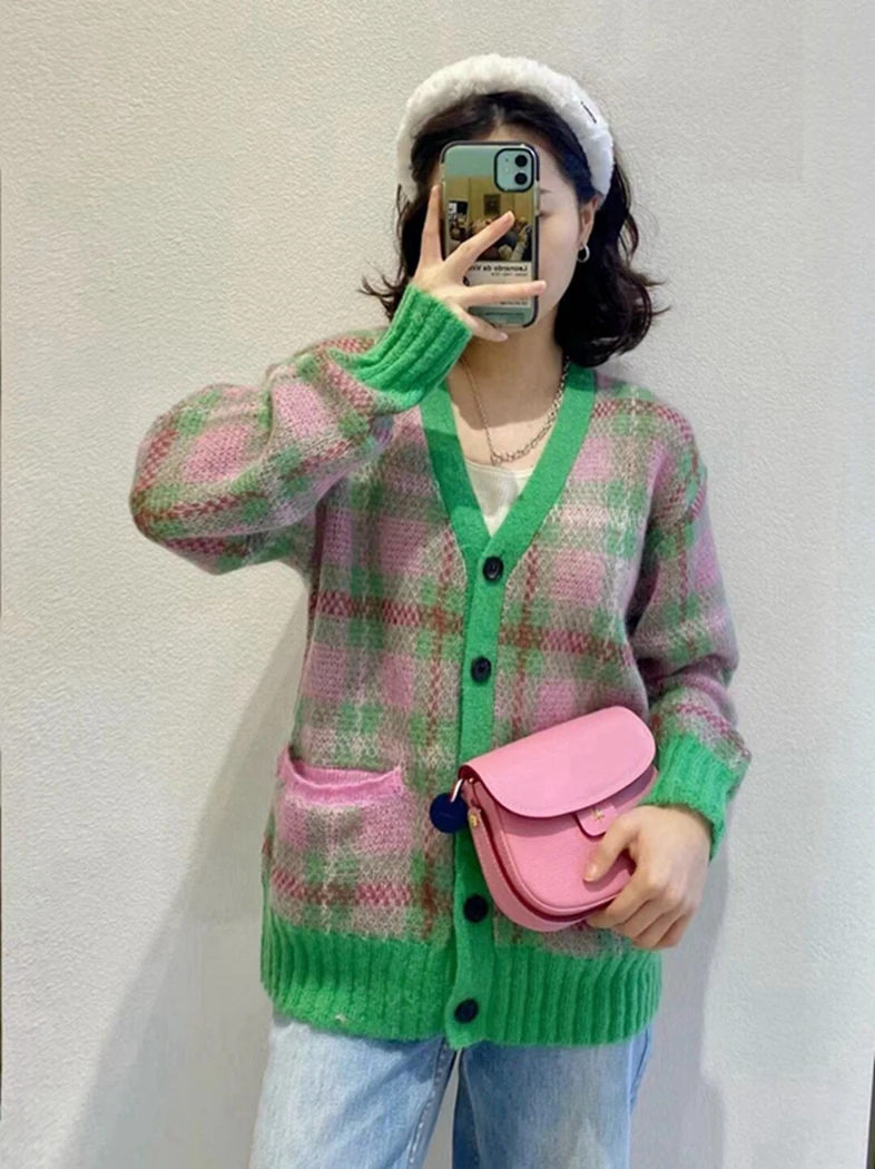 Sweet Age-Reducing Mohair Green Color Plaid V-Neck Knitted Cardigan 2022 New Spring Women's Lazy Style Slim Sweater Jacket Coat