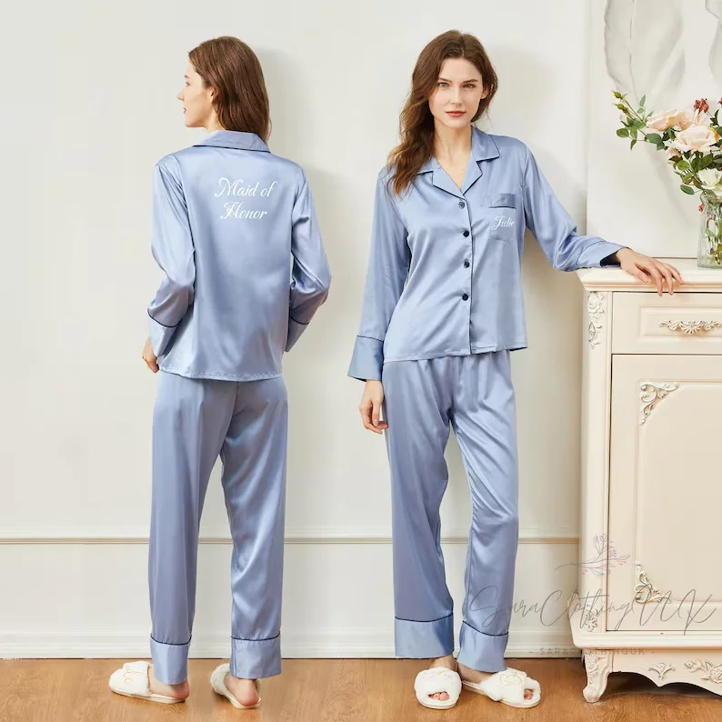 Фото Personalised Satin Pyjamas Bridesmaid Matching Pajamas Pajamas Set Monogram Party Wedding Gift Satin Pjs Custom Name №2