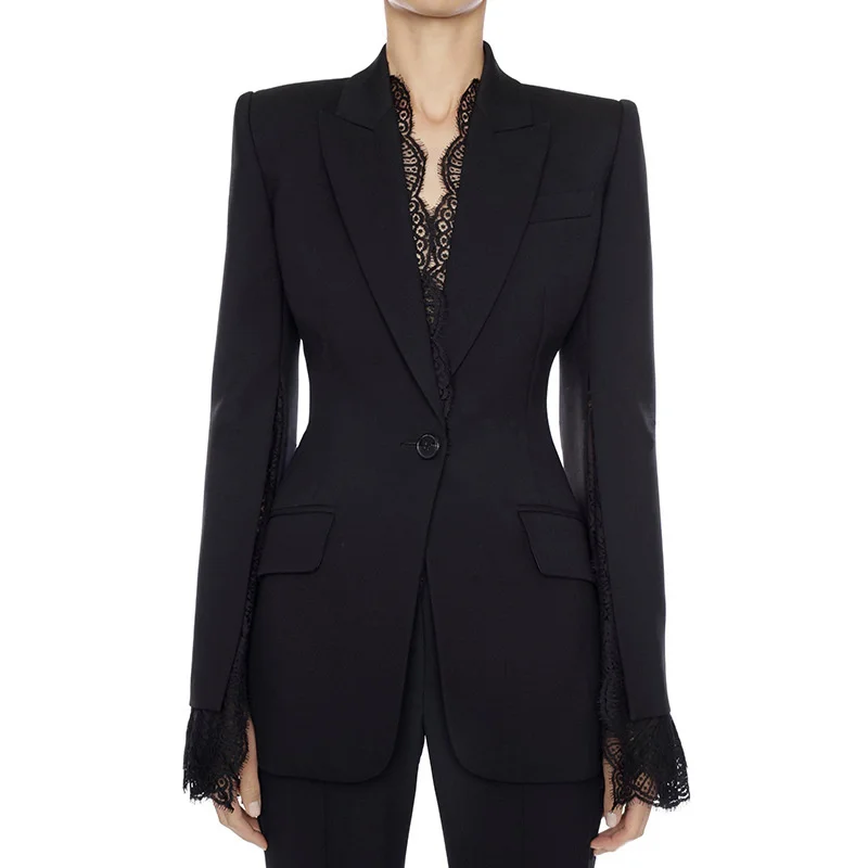 Black White Blazer Women Jacket Female 2022 Autumn Winter New Split Lace Sleeves One Button Blazer High Quality