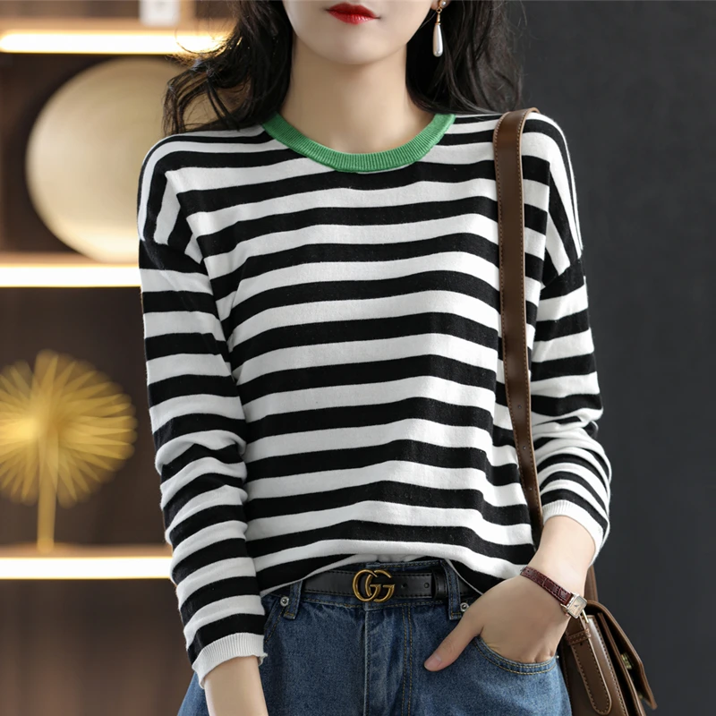 

Classic Striped Spring Round Neck Pure Cotton Thin Pullover Women's Loose T-Shirt Basic Knitted Sweater Bottoming Sea Soul Shirt