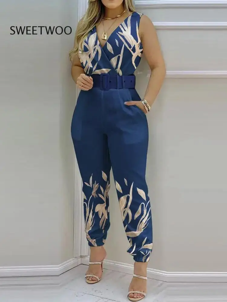 New Women Backless Casual Jumpsuits Summer Slim High Waist Pencil Pants Ladies Playsuits Sashes Printing Streetwear Dropshipping