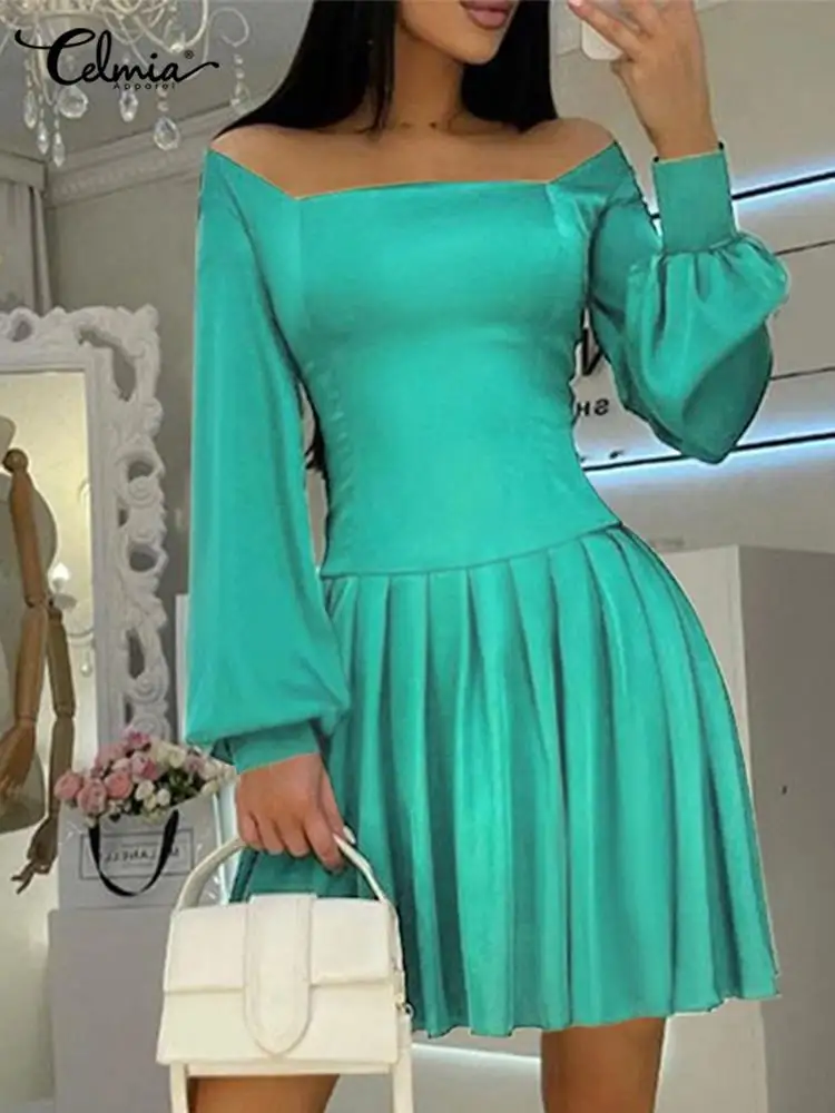 

Модное мини-платье Celmia, пикантное короткое платье с квадратным вырезом и длинным пышным рукавом, женские плиссированные глянцевые плиссиро...