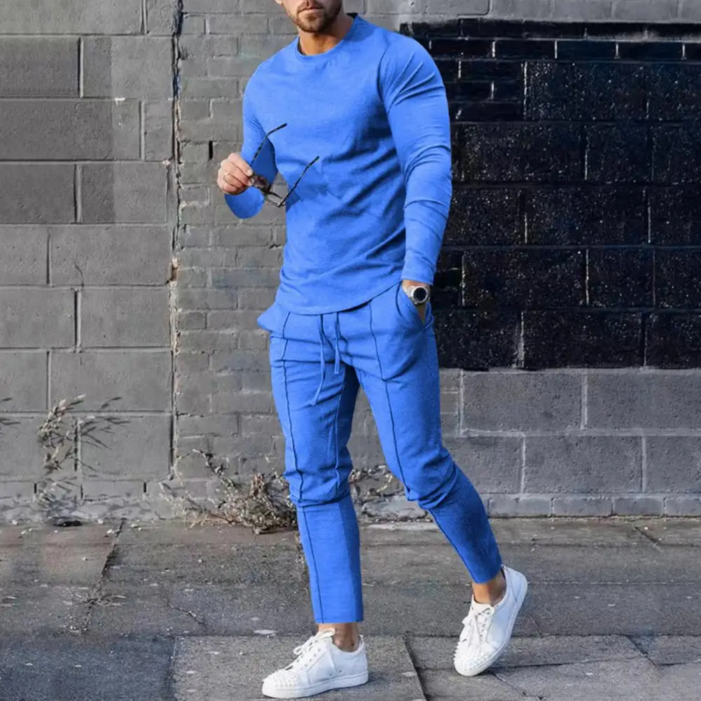 Classic Mid-rise 3D Cutting Hip Hop Pure Color Pullover Sweatshirt Casual Sweatpants Set Stretchy Men Outfit for Training