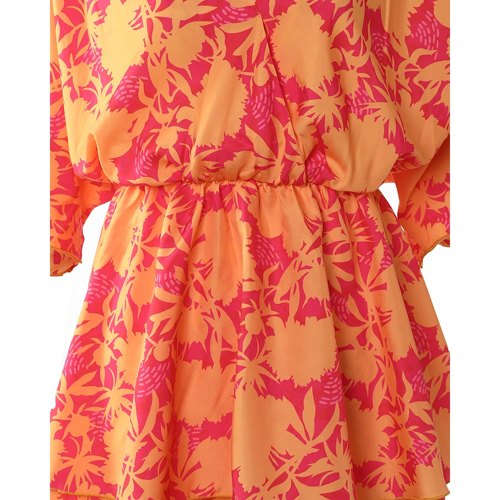 Ninimour Women V Neck Plants Print Twist Design Short Sleeve Mini Casual Dress 2022 Summer Daily Wear Floral  A-Line Dress Robes