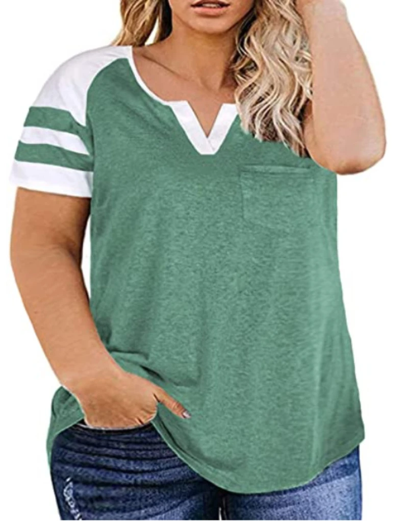 

Zagros Summer T Shirt Women Casual Loose Short Sleeve V Neck T-shirts Fashion Color Patchwork Top Tee Shirt Femme Plus Size 5XL