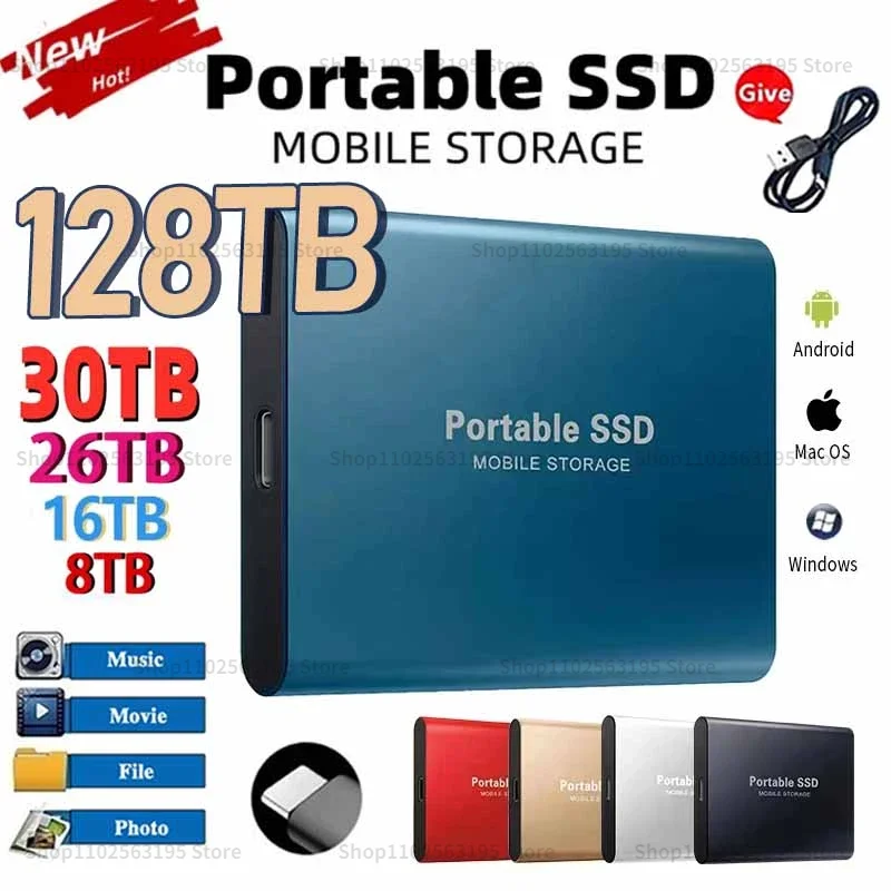 SSD External 128TB 16TB Mobile Solid State Drive Flash Drive Portable TypeC USB Slim High Speed Transfer Flash Memory Device