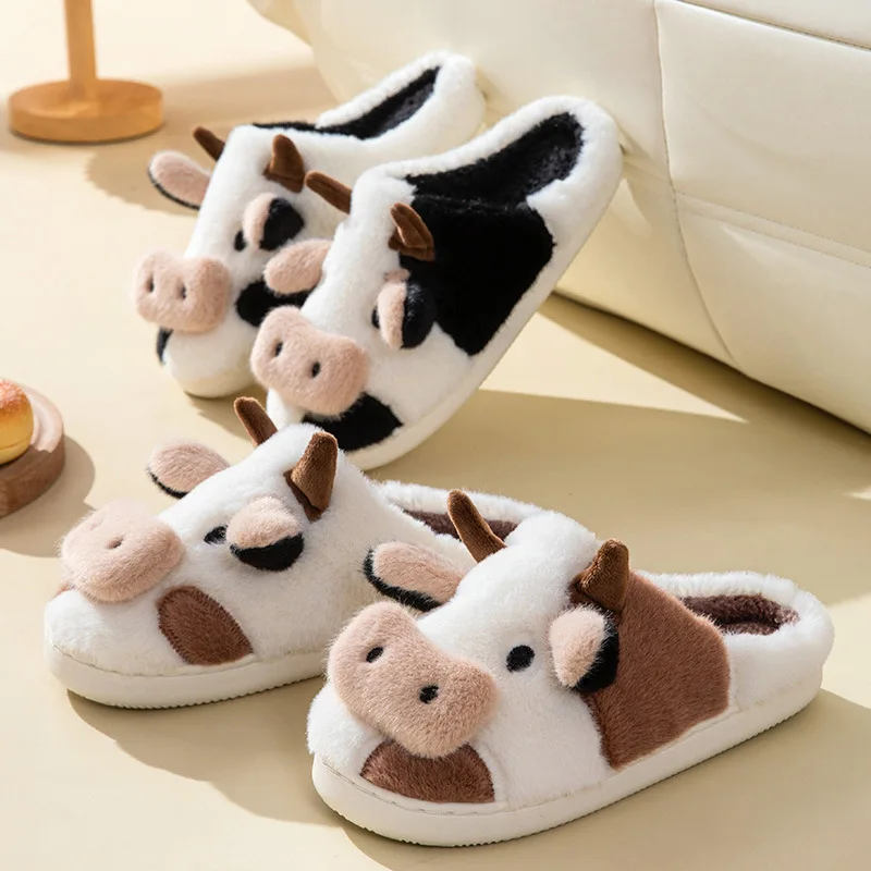 2022 Winter Anti-Skid Cotton Slippers Women Design Animal Funny Warm Plush Ladies' Slides Indoor Cartoon Cute Dairy Cattle Shoes
