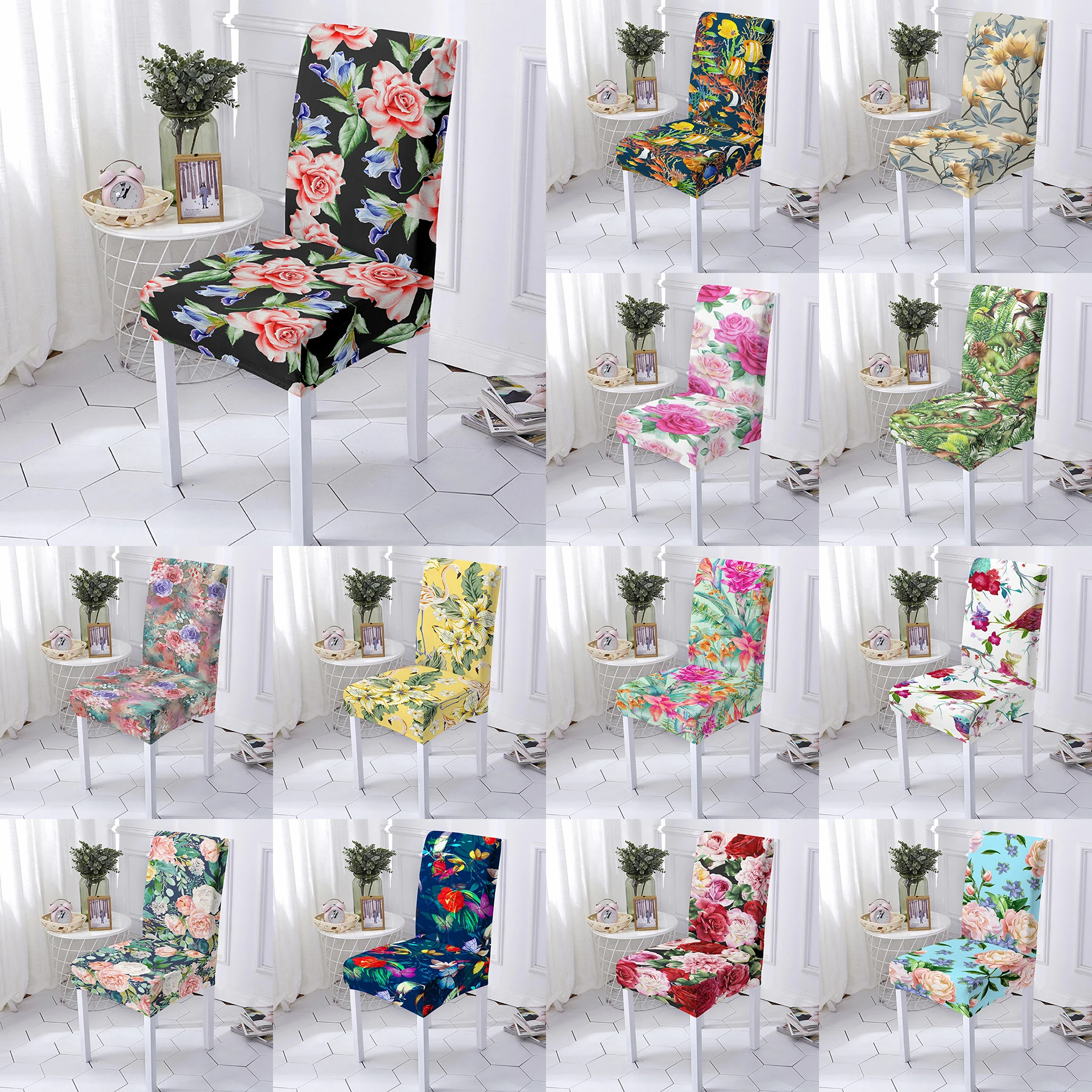 

Floral Chair Cover 16 Colors Digital Print High Back Chair Cover Removable Anti-Dirty Slipcover Case for Wedding Hotel Banquet
