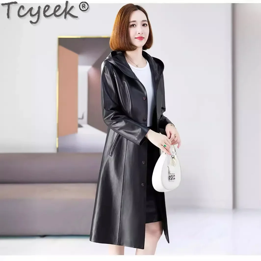 Tcyeek куртка из натуральной кожи женский плащ овчины с капюшоном женские кожаные