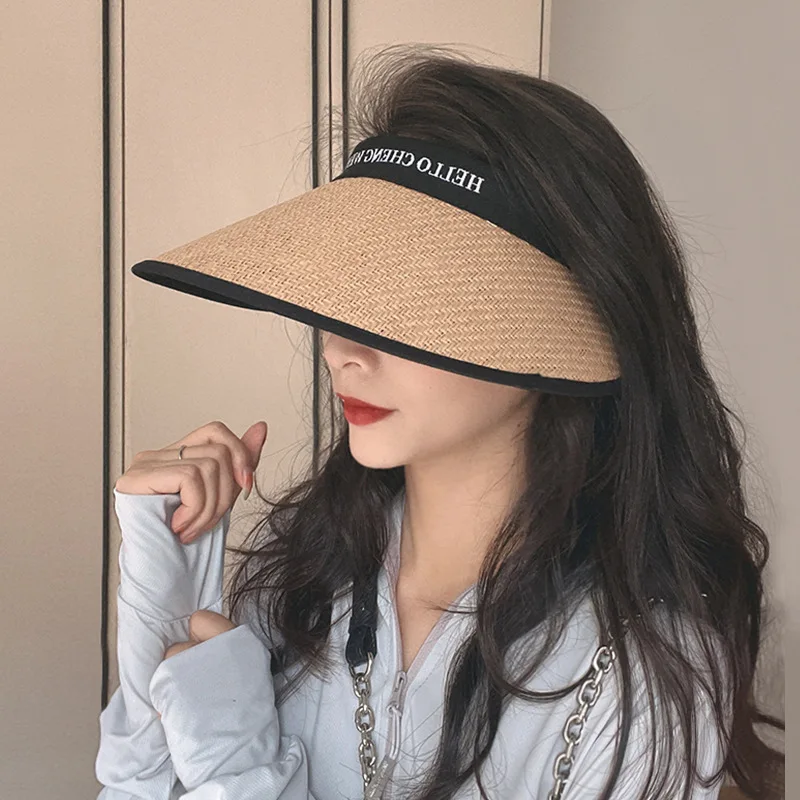 

New Sun Hat Female Large Brim Summer Vinyl Sunshade Breathable Hollow Top Cycling Face Sun Hat Fashion Leisure Straw Hat