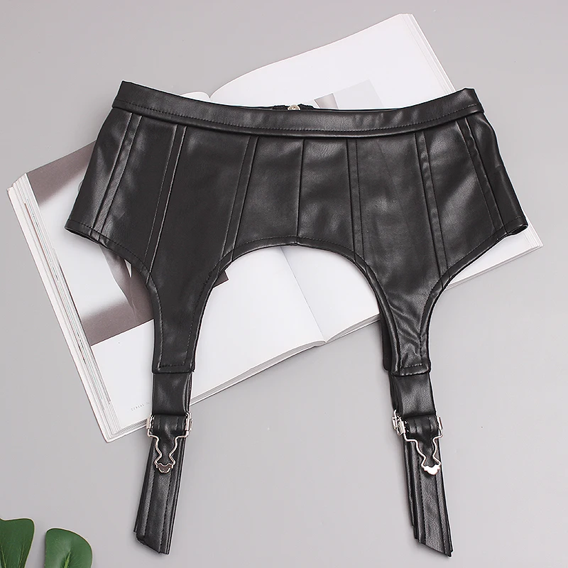 Dark Black  European And American Style Concave Shape Strap Buckle Decoration Elastic Corset Leather Girdle With Shirt Skirt