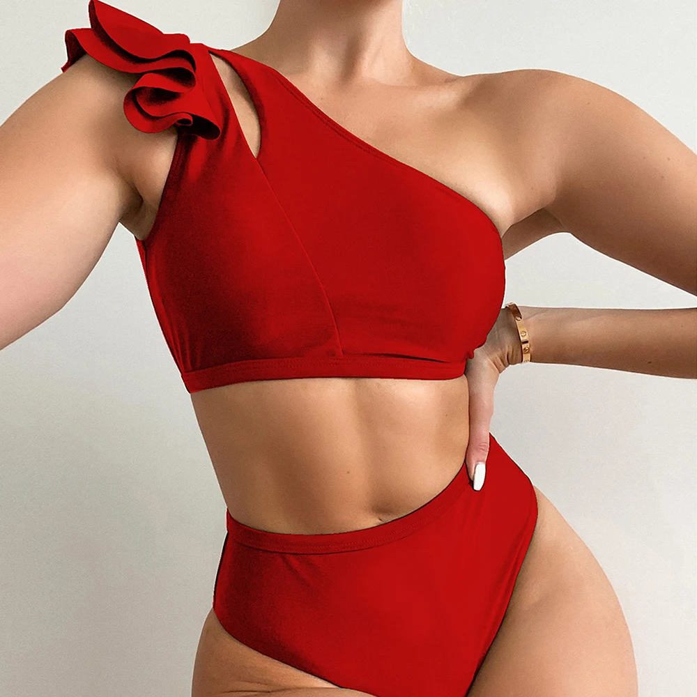 

Flounce Edge One Shoulder Swimsuit High Waist Solid Color Swimwear Sexy Two Piece Sets Women Swim Suits