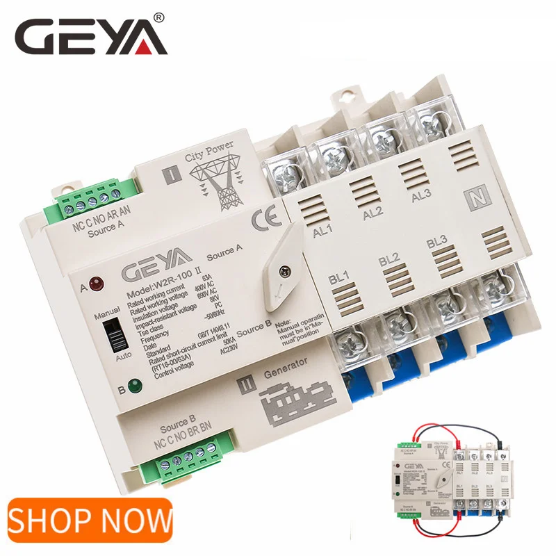 

GEYA W2R ATS 4P Dual Power Automatic Transfer Switch Auto or Manual Switch 63A 100A 110V 220V Wire Gift