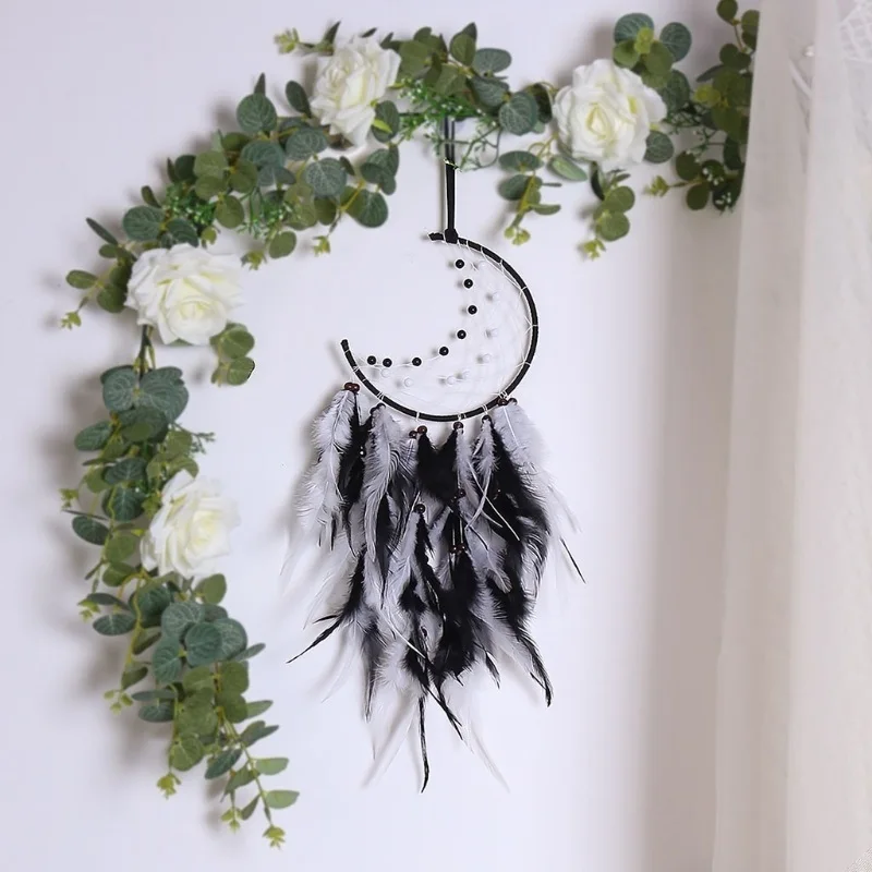 

Moon Dream Catcher Handmade Feather Bead Wall Hanging Ornament for Kids Bedroom