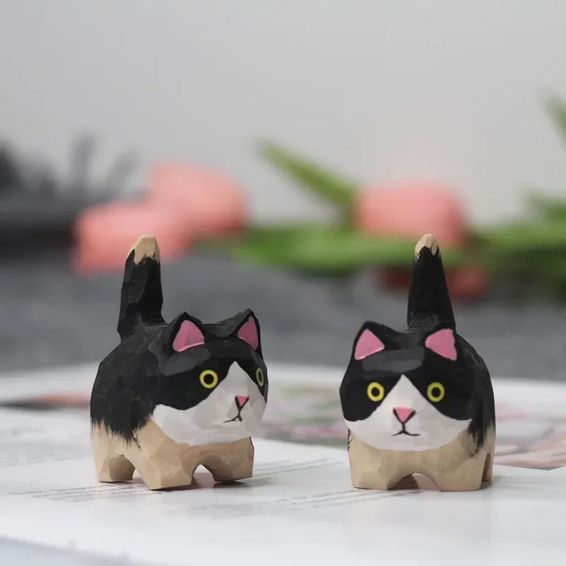 Cute Cat Panda Handmade Wood Carving Kitten Ornaments Small Animal Creative Home Desktop Decoration Crafts Figurines Miniatures
