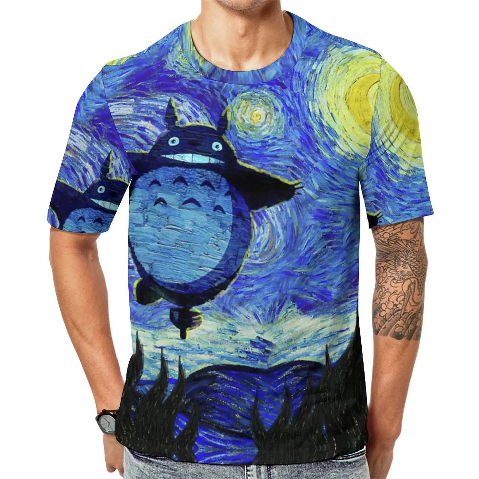 

Cartoon Totoro T-Shirt Starry Night Van Gogh Trending T-Shirts Short Sleeve Custom Tshirt Dropshipping Summer Basic Clothing