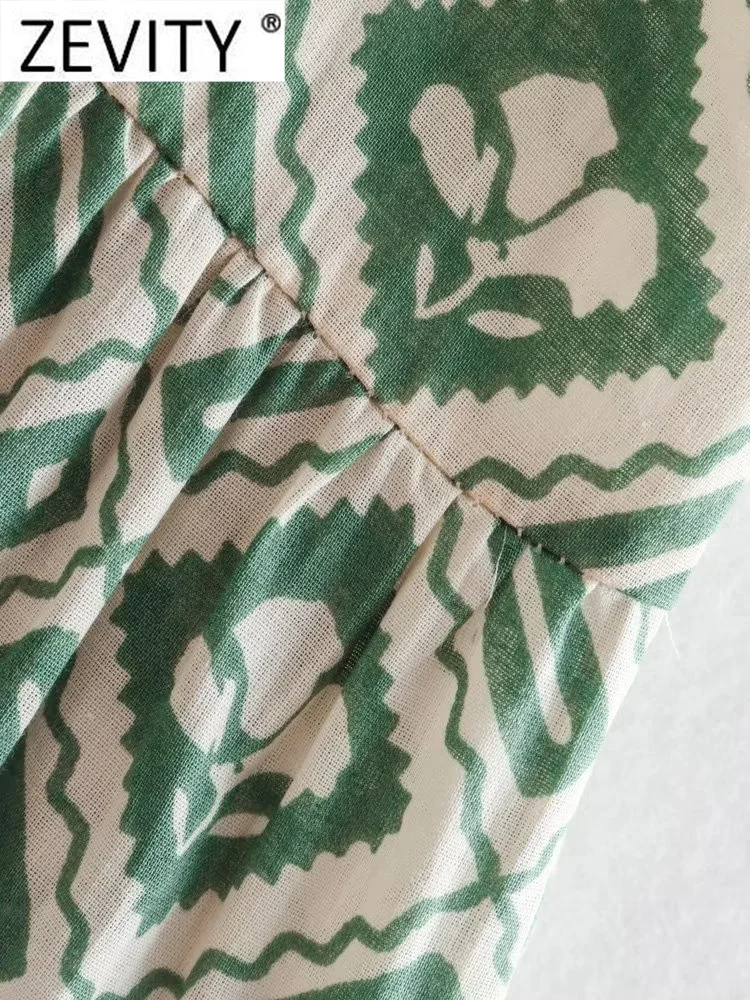 Zevity Women Vintage Geometric Floral Print Pleats Midi Shirt Dress Female Chic V Neck Lace Up Casual Retro Vestidos DS1811