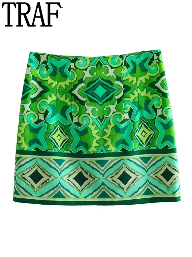 

TRAF Green Print Mini Skirt Women Boho High Waist Skirts for Women Summer Short Skirts Woman Fashion 2023 Chic Beach Skirt Women