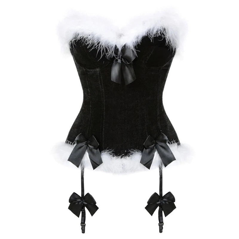 

Women Sexy Christmas Santa Overbust Corset Bustier Top White Feathers Bowknot Decorated Clubwear Body Shaper Cincher Plus Size