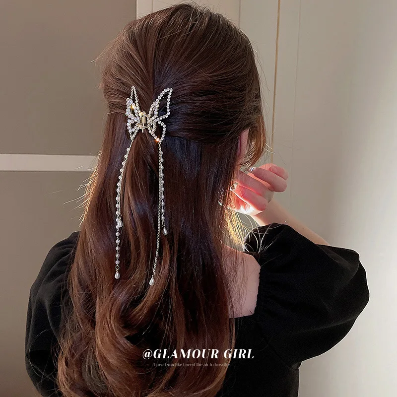

High-quality Diamond-encrusted Butterfly Pearl Tassel Hairpin Back Head Plate Hair Clip Light Luxury Hair Accessories Women