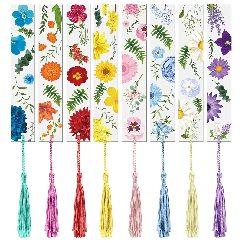 

8 Set Beautiful Flower Acrylic Bookmarks w/ Tassal Clear Floral Book Markers Tag