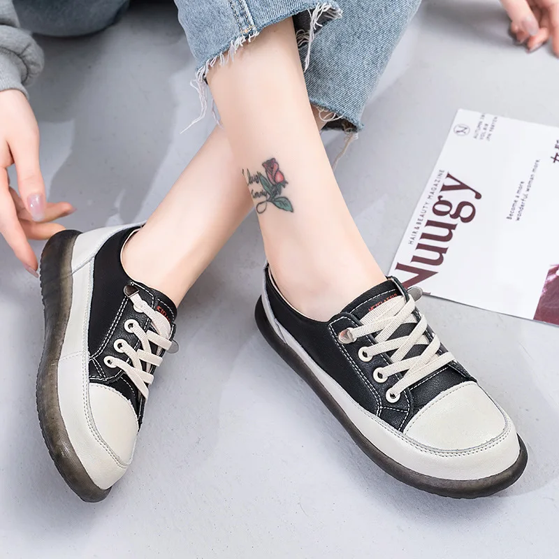 

Genuine Cowhide Four Seasons Casual All-match Women's Shoes Non-slip Soft Bottom One Pedal Color Matching Sports White Shoes