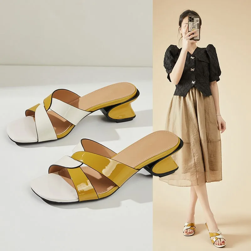 

Slippers for Woman Sandals Medium Heel Dress Casual Leather Comfortable Luxury Shoes