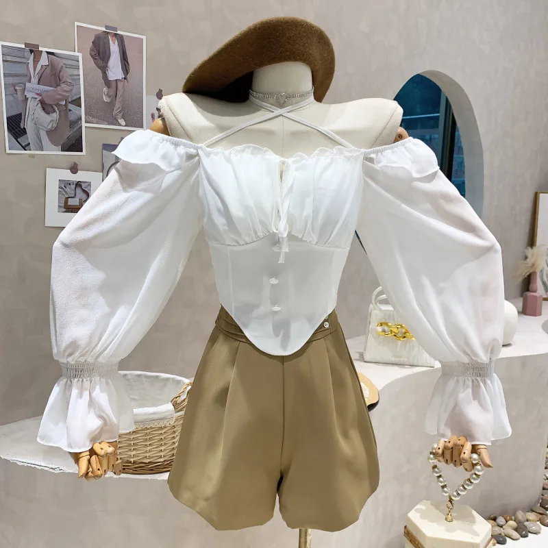 

Niche Design New Women 2022 Summer Off Shoulder Long Sleeve Chiffon Suspender Shirt Short Top Lace Up Design Sexy Top Blusas