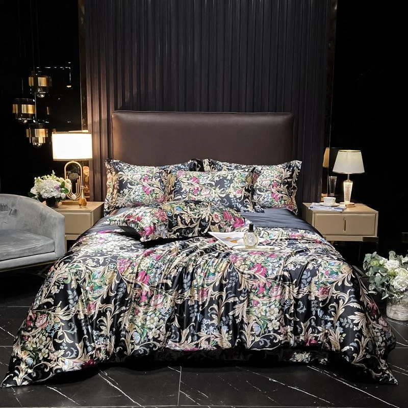

Luxury 4Pcs Rayon Satin Comforter set Bright Color Cooling Soft Breathable Duvet Cover Bedsheet 2 Pillowcases
