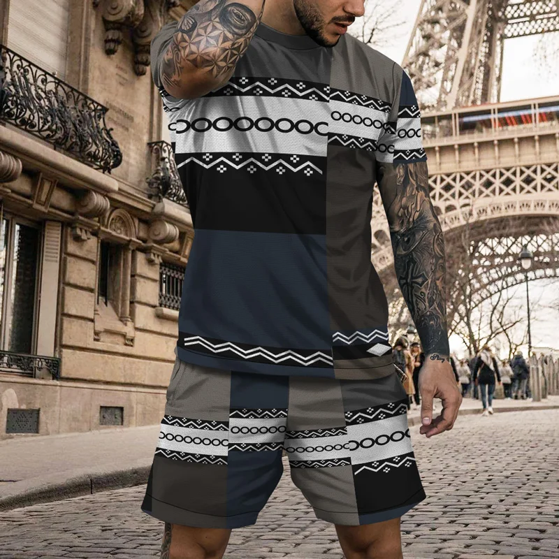 2023 Men's Latest Summer Two-piece Fashion Casual Short-sleeved T-shirt Short Suit Street Clothes Vintage Geometric Pattern Prin