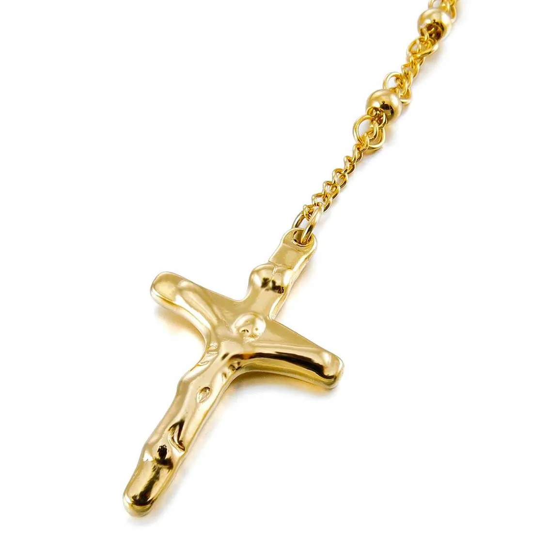 

Stainless Steel Pendant Necklace Gold Jesus Christ Crucifix Cross Rosary Retro 23 Inch Chain Man Woman