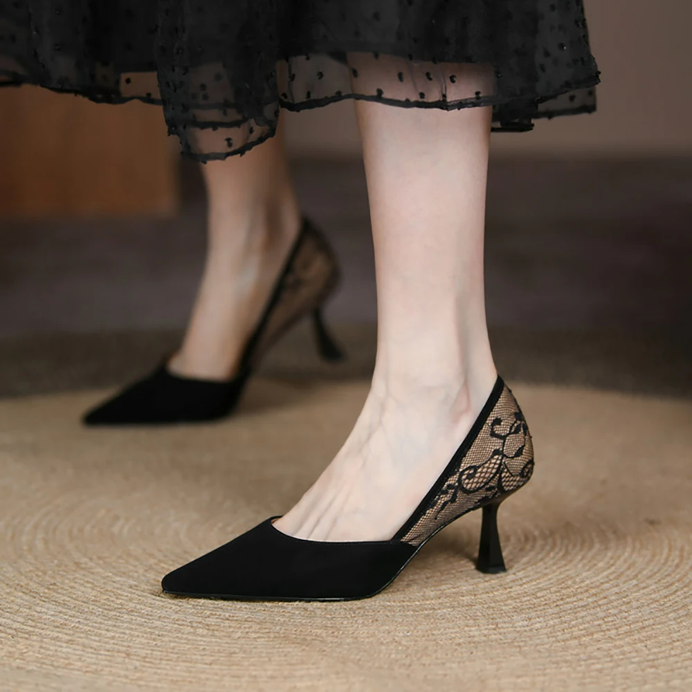 

Black High Heels Women's Design Sense Niche Hollow Lace Shoes Sexy Pointed Toe Stiletto Suede Shoes Size 34-39 Summer 2022
