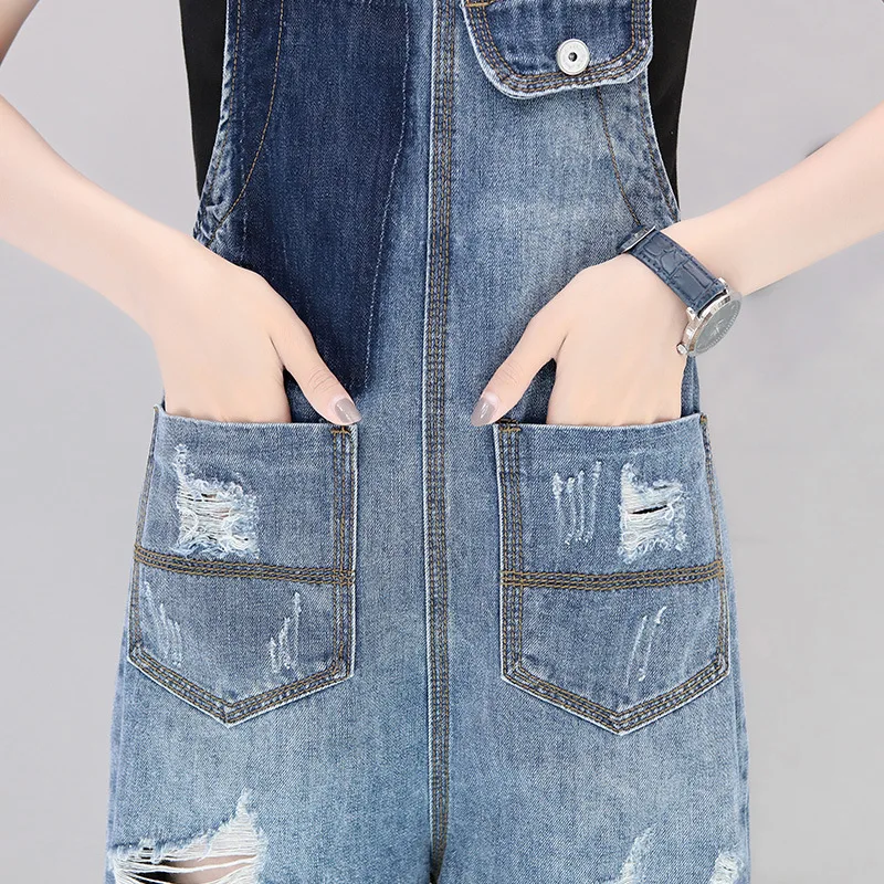 European Style Woman Ripped Denim Jumpsuit 2022 Summer New Spaghetti Strap Pocket Casual Overall Playsuit Rompers