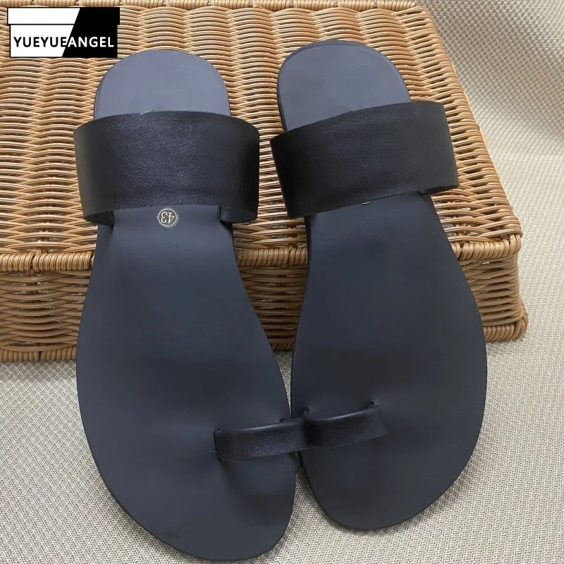 Outdoor Men Genuine Leather Slippers Summer Fashion Beach Slippers Breathable Solid Color Leisure Flip Flops Oversize 36-45