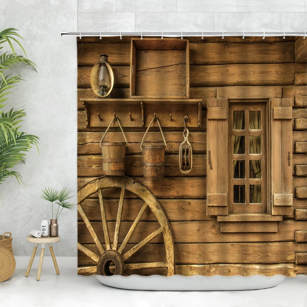 

Country Retro Old Wooden Door Shower Curtain Hooks Vintage Barn Farmhouse Antique Board Wall Decor Bathroom Hanging Curtains Set