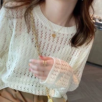 2022 spring top fashion transparent hollowed knit pullover ladies elegant thin sweet girl sweater jumper womens clothes