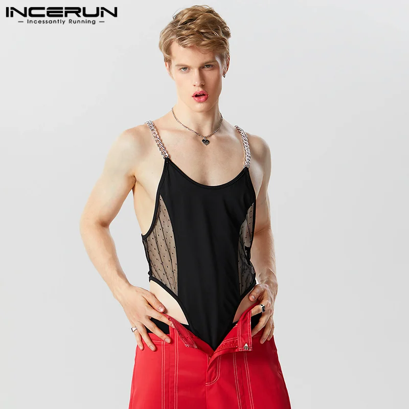 

Sexy Homewear Jumpsuits INCERUN Men Chain Shoulder Strap Design Mesh Polka Dot Bodysuits Stylish Spliced Triangle Bodysuit S-5XL