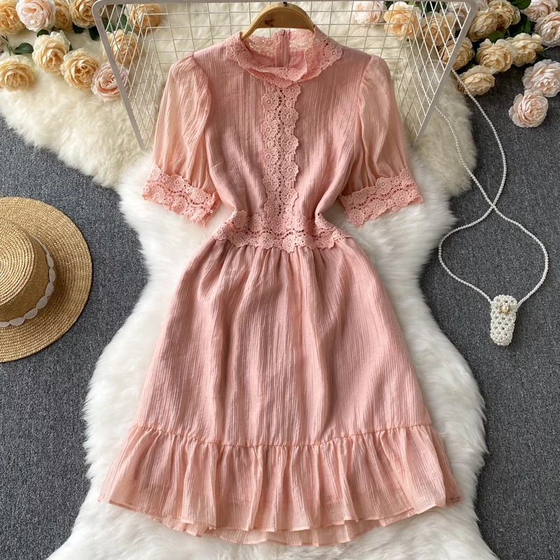 

2022 Summer New Lace Edge Tight Waist French Sweet Jumpsuit Skirt Dresses for Women