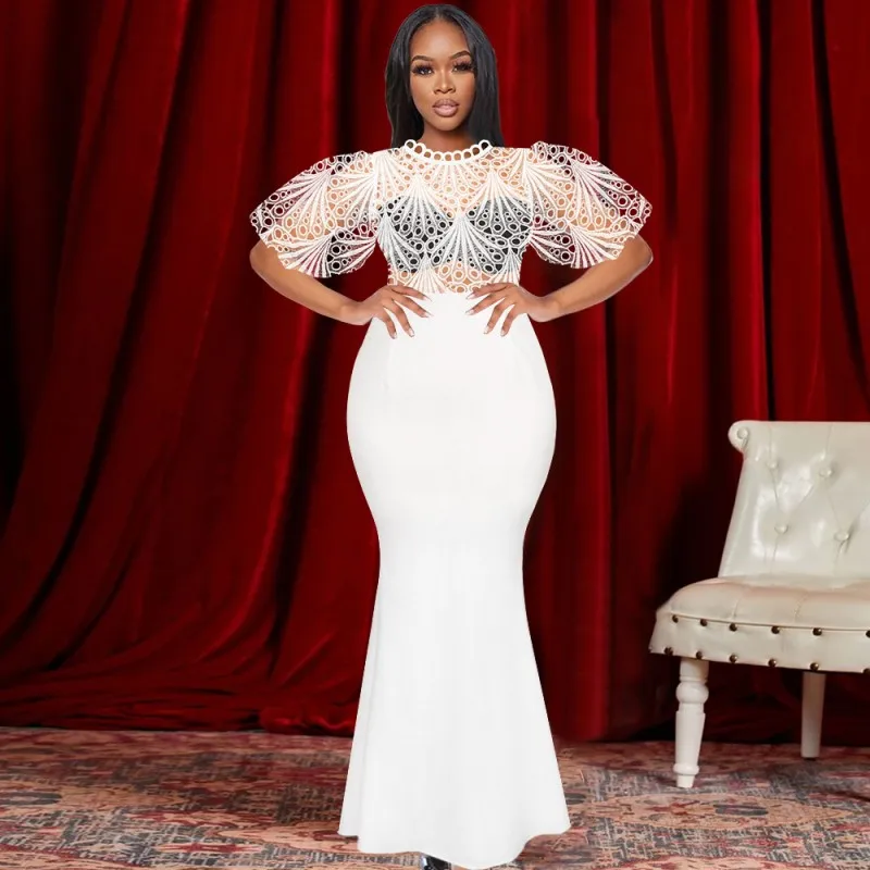 

African Dresses For Women 2022 Summer O-Neck Sexy Party Trumpet Mermaid Lace Dress Long Tunic Night Club Short Sleeve Maxi Dress