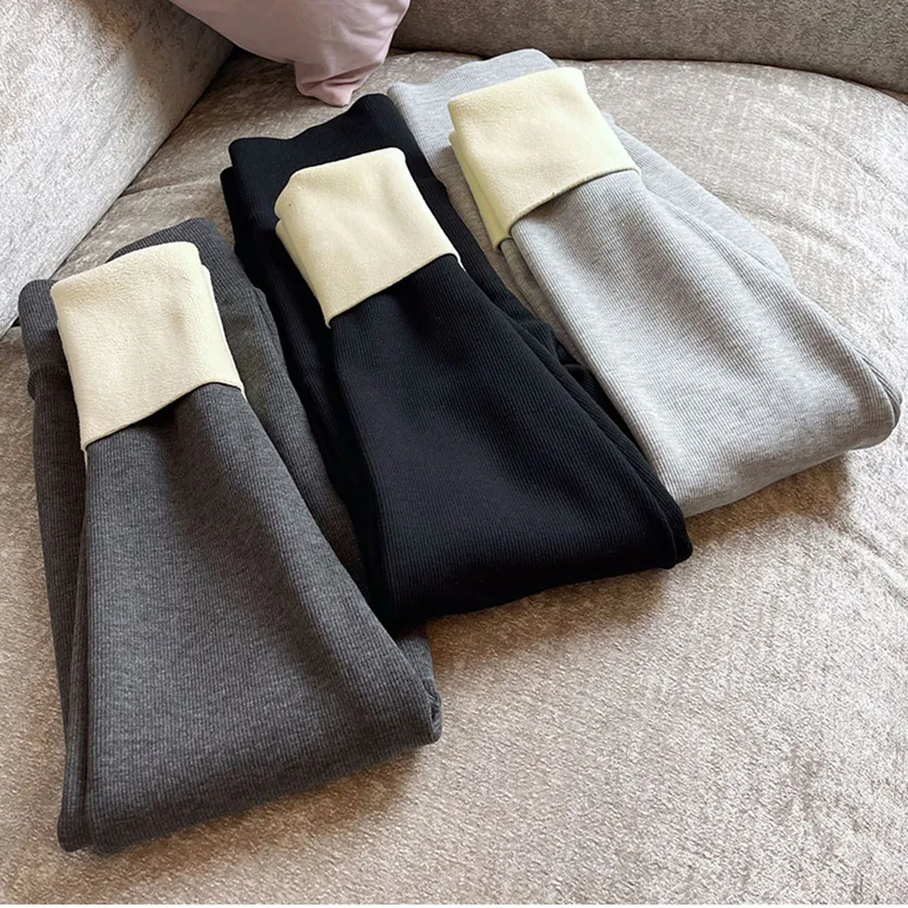 Winter Warm Leggings Omen Pants Warm Fleece Thickening Leggings High Waist Solid Warm Lined Ankle-length Stretchy Pants